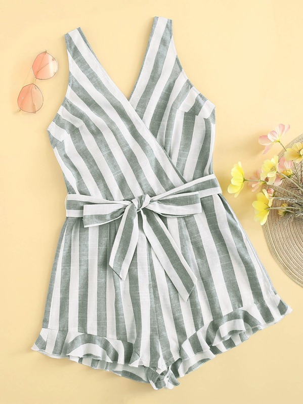 

Striped Double V-neck Ruffle Hem Wrap Belted Romper, Multicolor