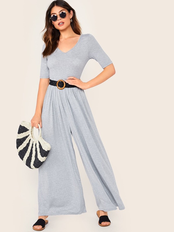 

V-neck Wide Leg Heather Grey Jumpsuit, Carmen S