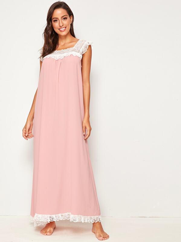 

Contrast Lace Trim Pleated Front Nightdress, Pink, Mary P.