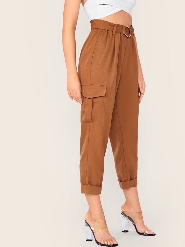 

O-ring Belted Flap Pocket Side Rolled Hem Pants, Brown, Carmen S