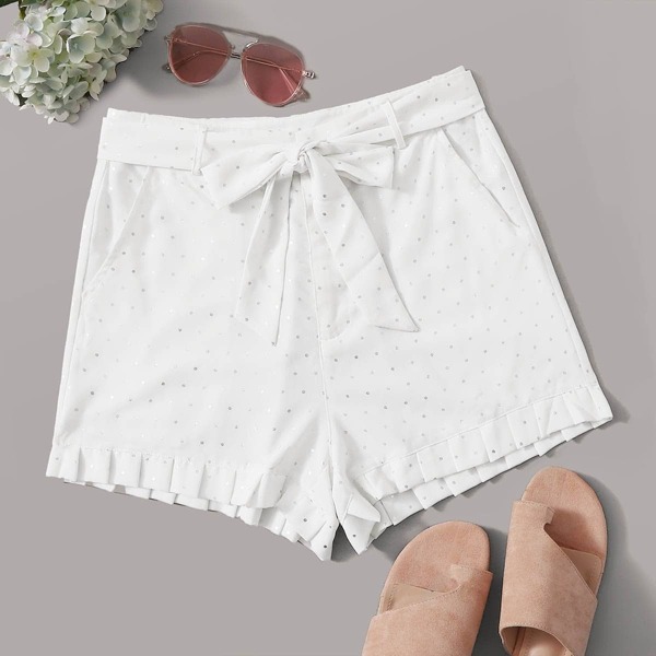 

Pleated Hem Polka Dot Belted Shorts, White