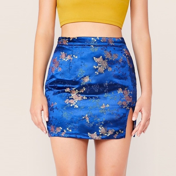 

Split Hem Zip Side Jacquard Satin Skirt, Blue bright