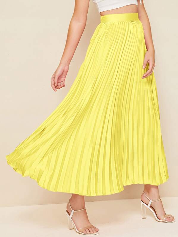 

Zipper Side Pleated Satin Skirt, Yellow, Luiza