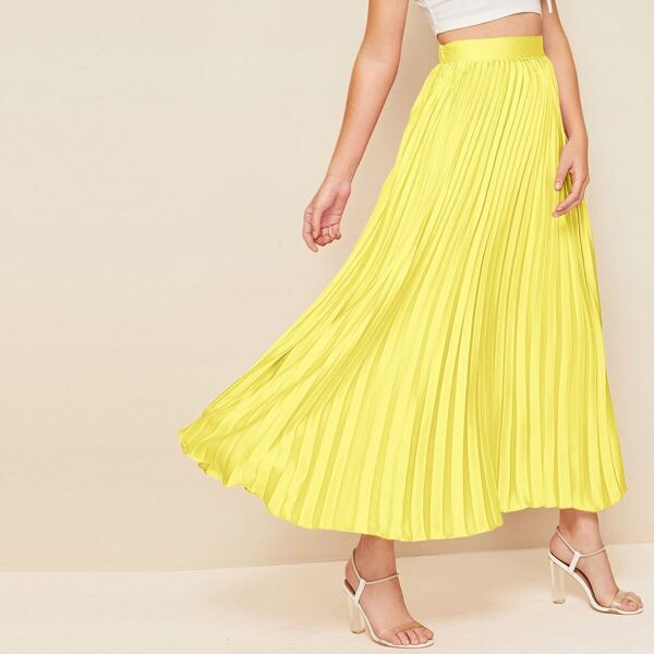 

Zipper Side Pleated Satin Skirt, Yellow bright