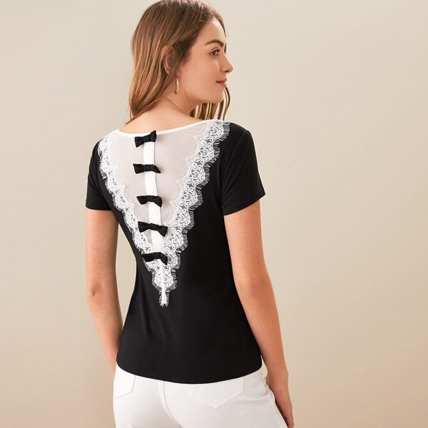 

Bow Back Lace Trim Contrast Neck Top