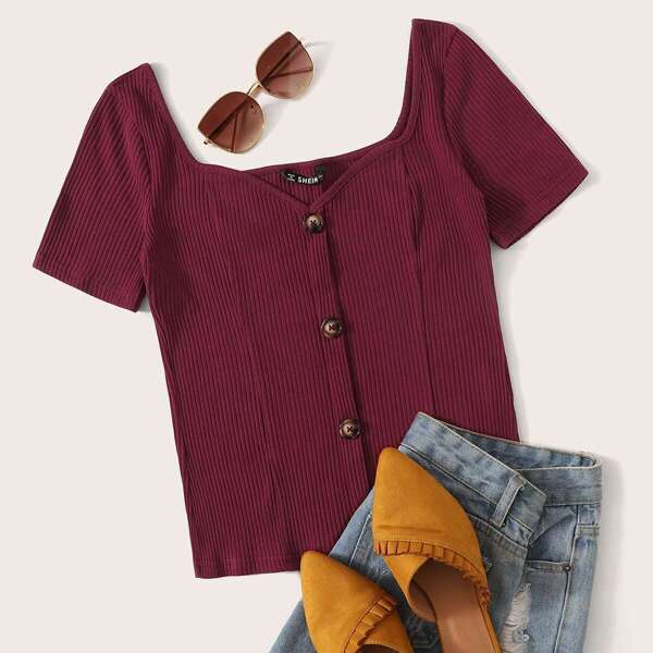 

Button Front Sweetheart Neck Rib-knit Tee