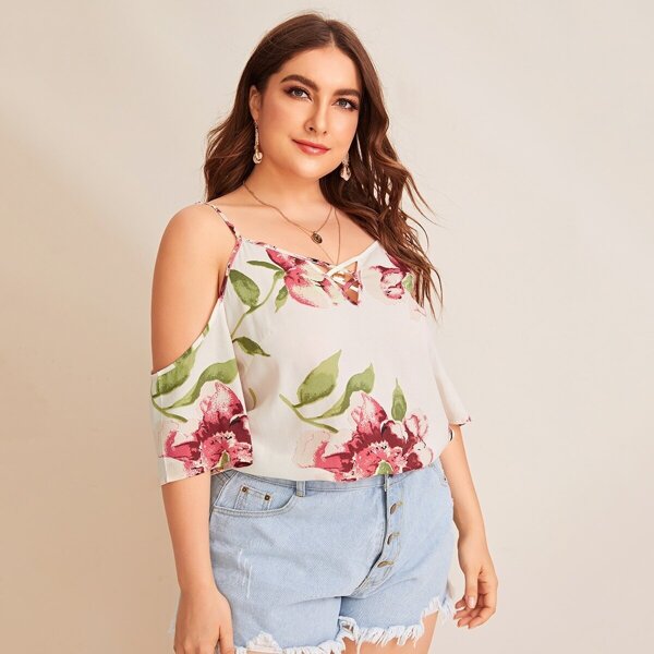 

Plus Cold Shoulder Strappy Insert Floral Print Top