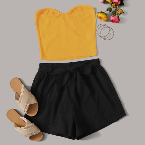 

Rib-knit Tube Top & Belted Shorts Set, Multicolor