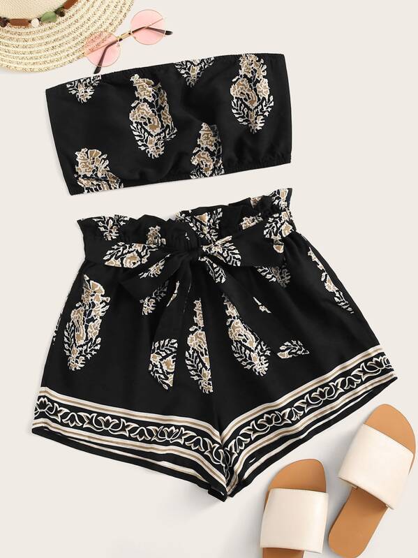 

Tribal Print Bandeau Top and Paperbag Waist Belted Shorts Set, Black