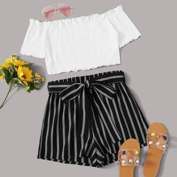 

Ruffle Trim Bardot Top & Belted Striped Shorts Set, Black and white