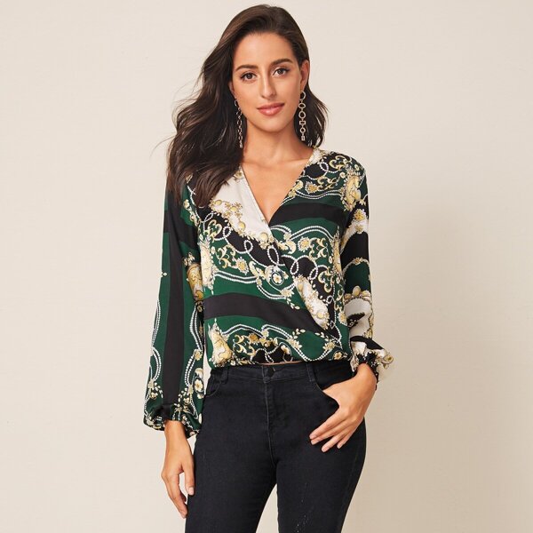 

Scarf Print Satin Wrap Blouse