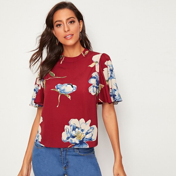 

Zipper Back Flutter Sleeve Floral Print Blouse, Red