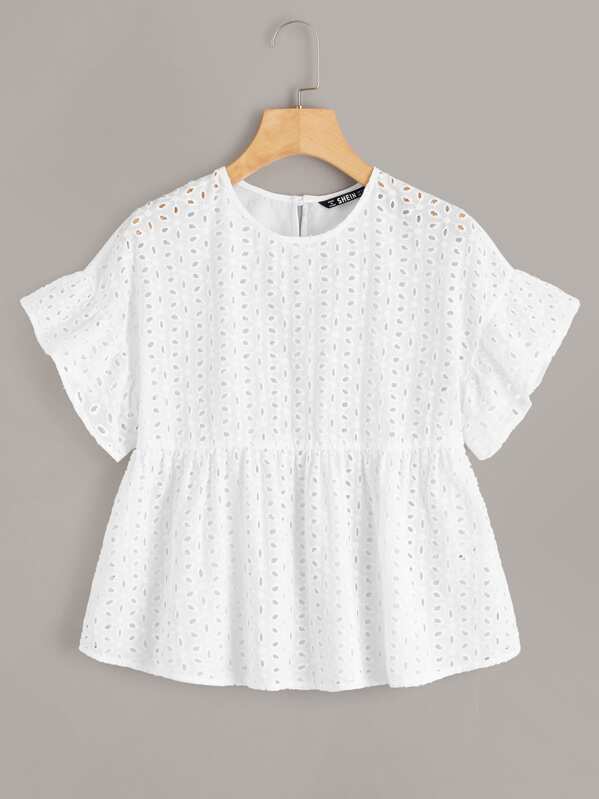 

Ruffle Cuff Smock Schiffy Top, White