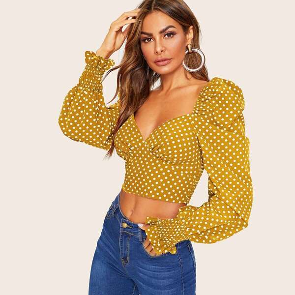 

Polka-dot Shirred Bustier Detail Top, Yellow