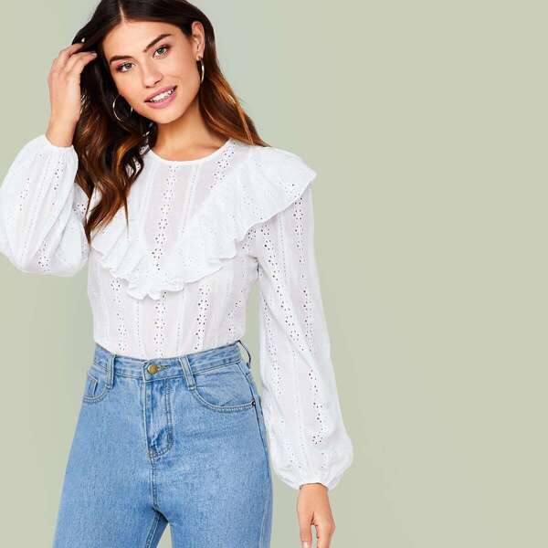 

Ruffle Trim Lantern Sleeve Schiffy Top, White