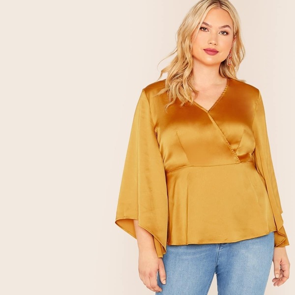 

Plus Surplice Neck Peplum Satin Top