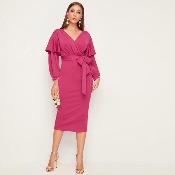 

Surplice Neck Ruffle Trim Belted Split Pencil Dress, Pink