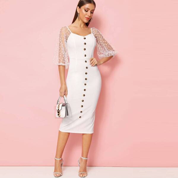 

Single Breasted Mesh Sleeve Split Hem Pencil Dress