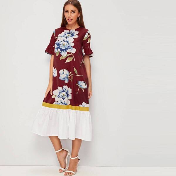 

Ruffle Cuff Floral Print Flounce Hem Dress