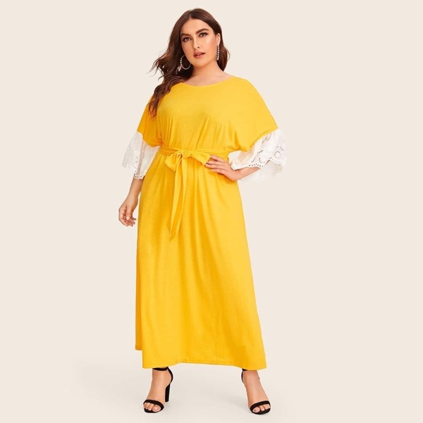 

Plus Contrast Embroidery Eyelet Cuff Belted Dress, Yellow