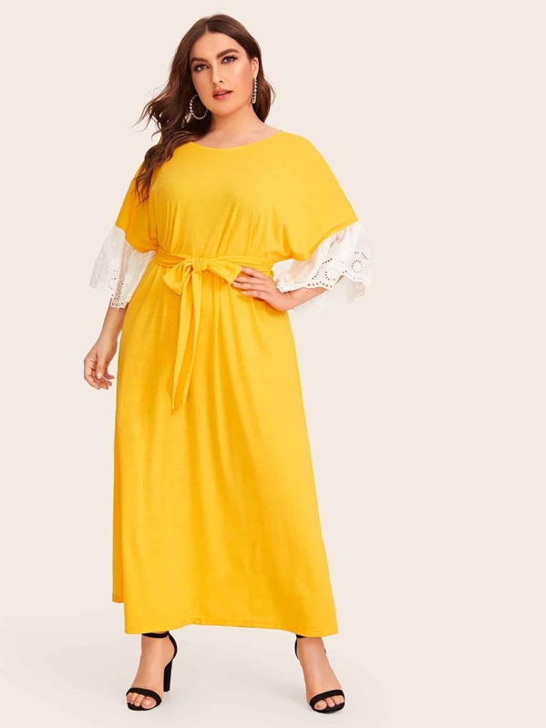 

Plus Contrast Embroidery Eyelet Cuff Belted Dress, Yellow, Franziska