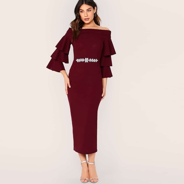 

Layered Bell Sleeve Rhinestone Detail Pencil Dress, Burgundy