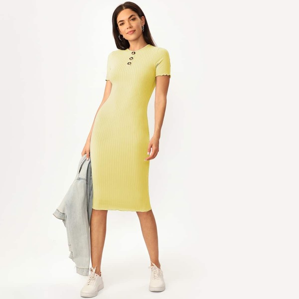 

Buttoned Front Rib-knit Pencil Dress