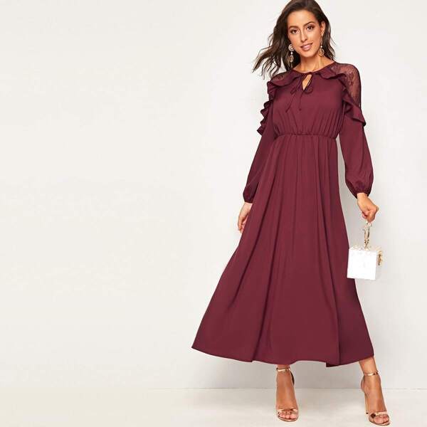 

Tie Neck Lace Insert Ruffle Trim High Waist Dress, Burgundy