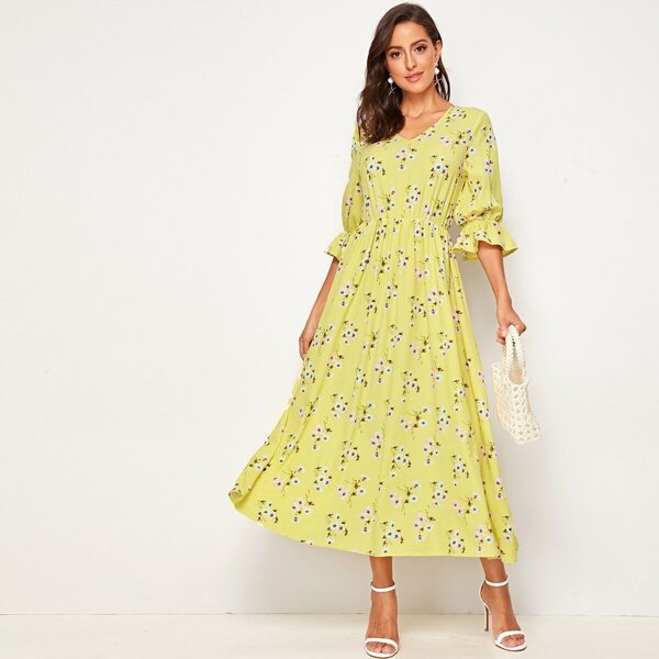 

Floral Print Flounce Sleeve Dress, Yellow