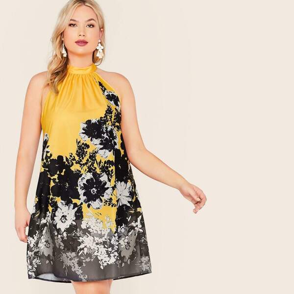 

Plus Tie Neck Floral Print Halter Dress, Multicolor