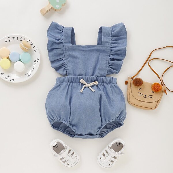 

Baby Knot Front Frill Trim Solid Jumpsuit