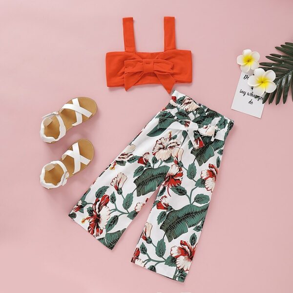 

Toddler Girls Tie Front Cami Top & Floral Print Belted Paperbag Pants, Multicolor
