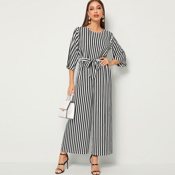 

Tie Waist Wide Leg Stripe Jumpsuit, Black and white