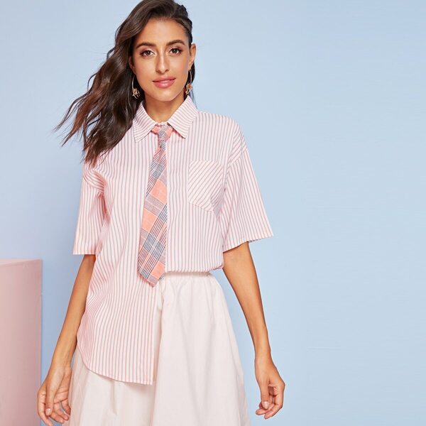 

Striped Pocket Patched Blouse With Plaid Tie, Pink