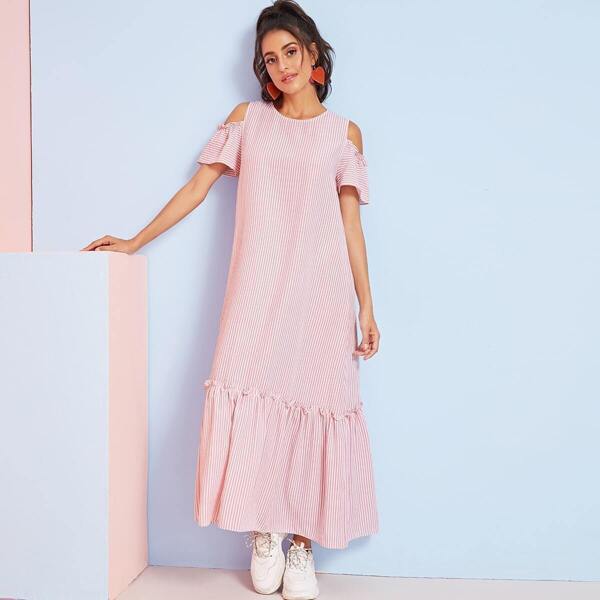 

Striped Cold Shoulder Ruffle Hem Dress