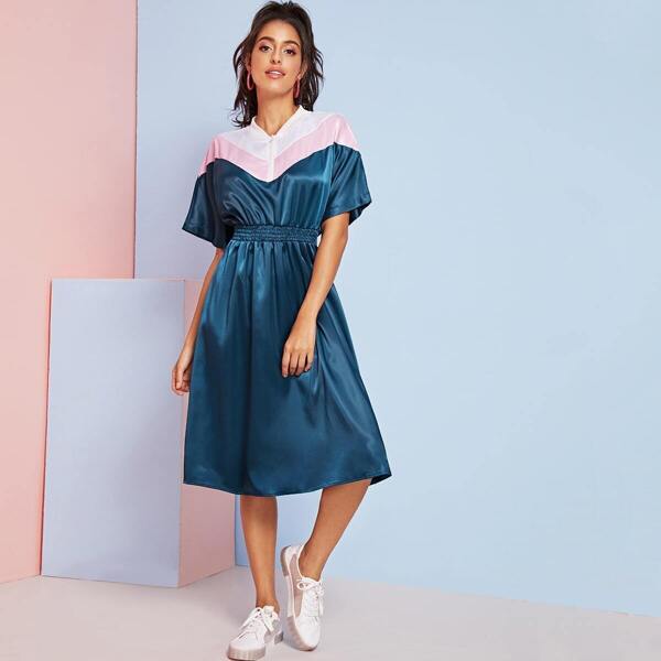 

Colorblock Zip Half Elastic Waist Dress