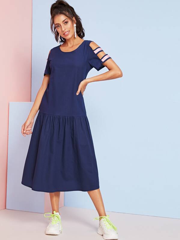 

Cut Out Sleeve Ruffle Hem Dress, Navy, Mary P.