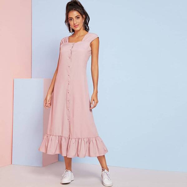 

Button Through Ruffle Hem Sleeveless Dress