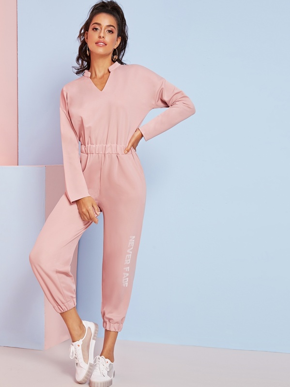 

Letter Print Notched Neck Jumpsuit, Pink, Mary P.
