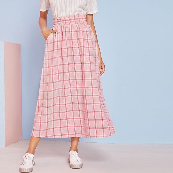 

Plaid Elastic Waist Skirt, Pink