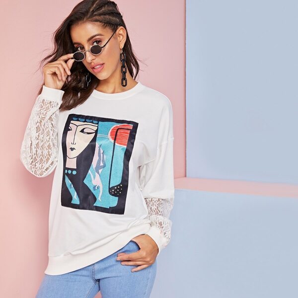 

Figure Print Lace Contrast Sweatshirt, White
