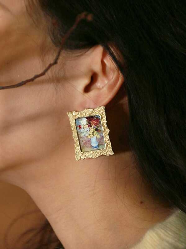 

Geometric Shaped Oil Painting Earrings 1pair, Multicolor