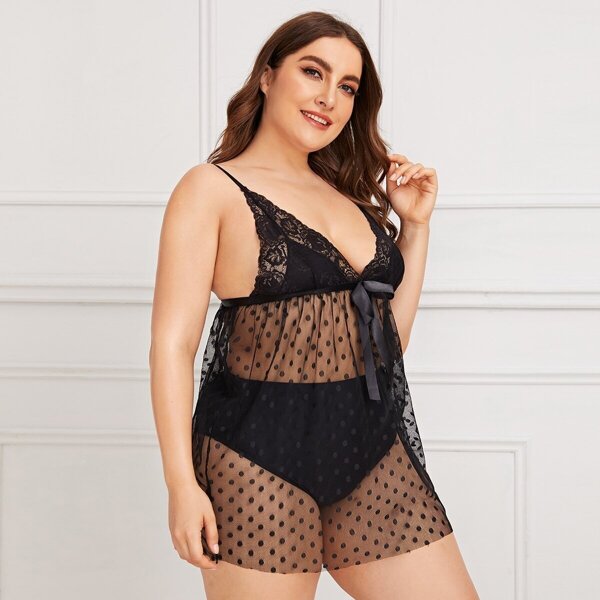 

Plus Polka Dot Contrast Lace Mesh Slips