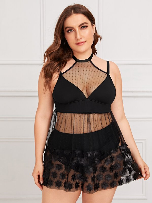 

Plus Flower Appliques Trim Dress Without Panty, Black, Franziska