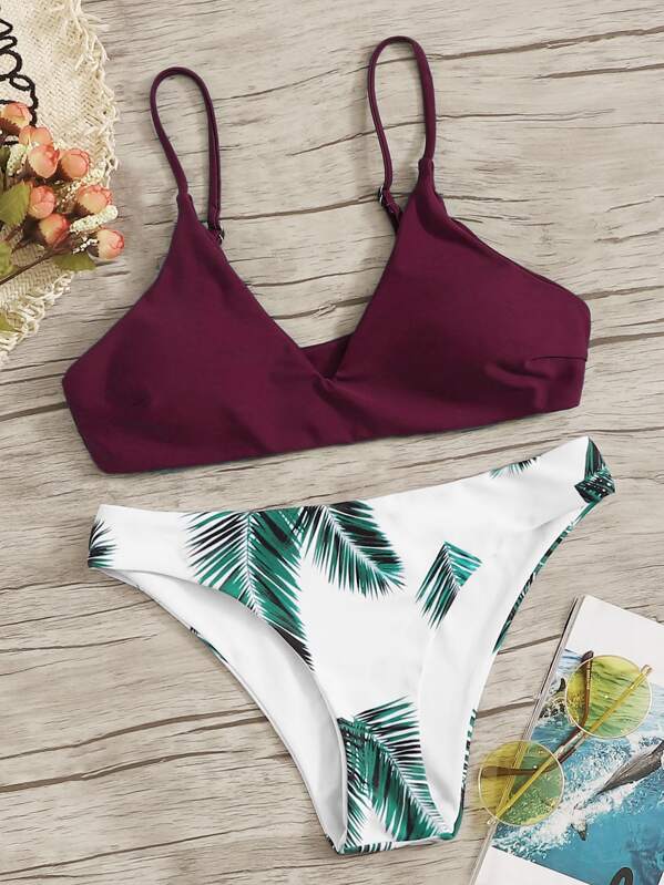 

V Neck Top With Tropical Bikini Set, Multicolor