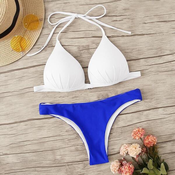 

Two Tone Halter Top With Cheeky Bikini Set