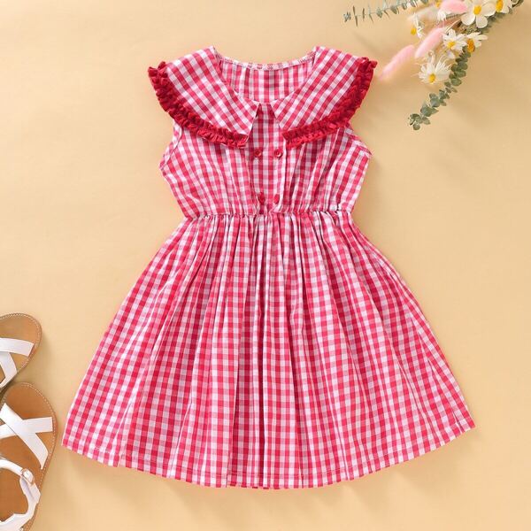 

Toddler Girls Frill Neck Gingham Dress, Red