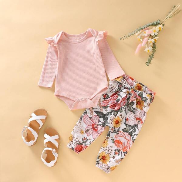 

Baby Girl Ruffle Rib Knit Romper & Allover Floral Parperbag Pants, Multicolor