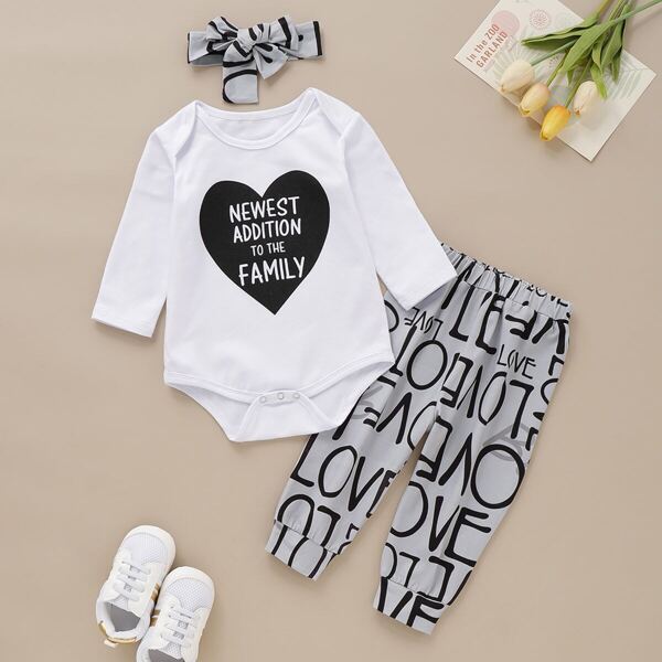 

Baby Boy Heart Bodysuit & Allover Letter Pants With Headband, Black and white