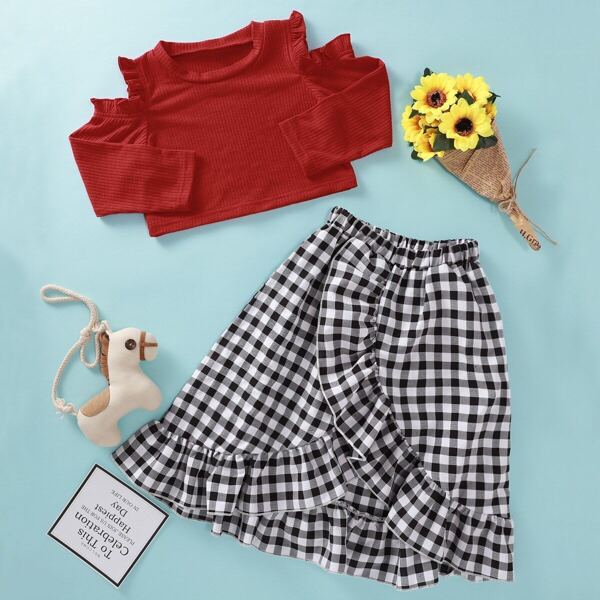 

Toddler Girls Open-shoulder Ribbed & Gingham Ruffle Skirt